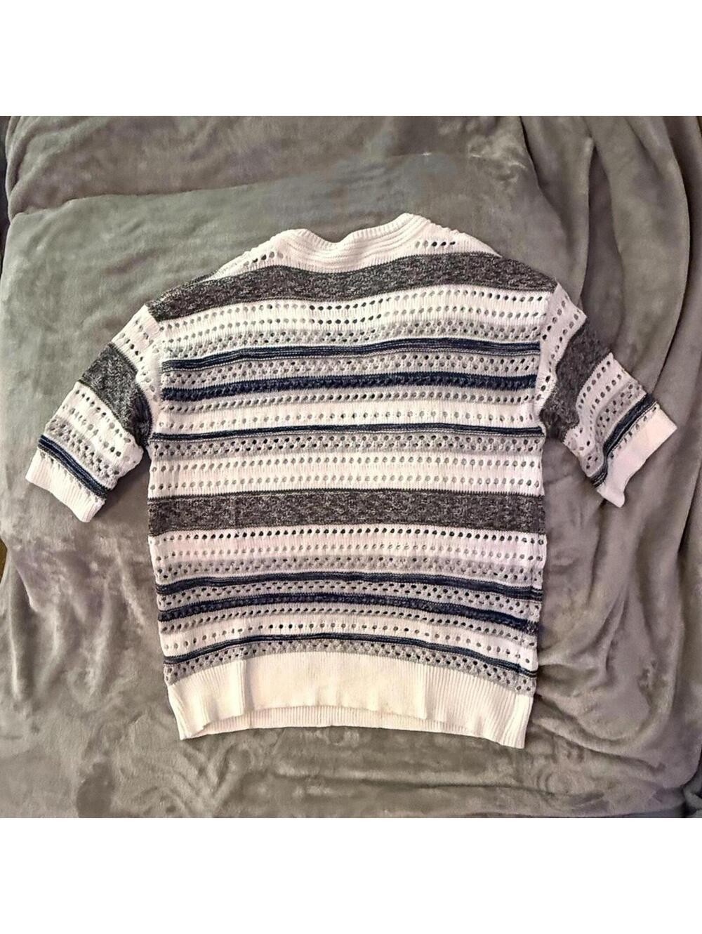 Short Sleeve Pointelle Knit Striped Crochet V-Neck Sweater - Picture 3 of 3